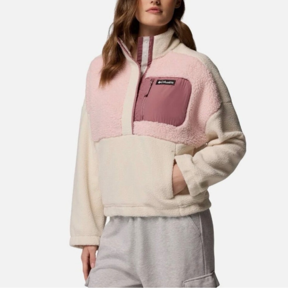 Columbia Women's Pink & Cream Sherpa Pullover with Mauve Chest Pocket